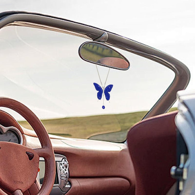 Couslcd Bling Butterfly Diamond Car Accessories, Crystal Car Rear View Mirror Charms for Women, Auto Decoration Lucky Hanging Interior Crystal Ornament Pendant Decor for All Cars (Dark Blue) - Image 3